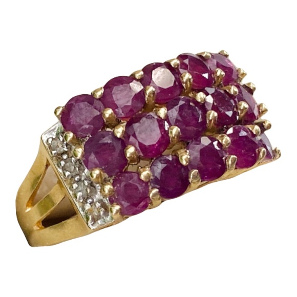 14k Solid Yellow Gold Estate Genuine Ruby Diamond Cocktail Pave Ring - Picture 6 of 9
